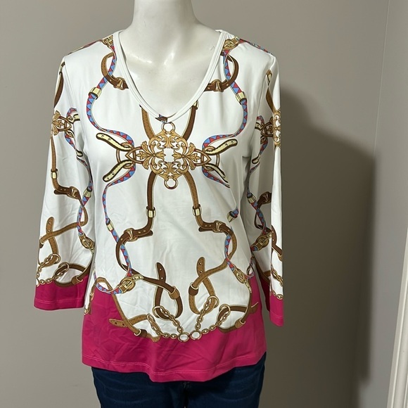 J. McLaughlin Top Equestrian Chain Links 3/4 Sleeve Catalina Cloth Size M - Picture 1 of 10